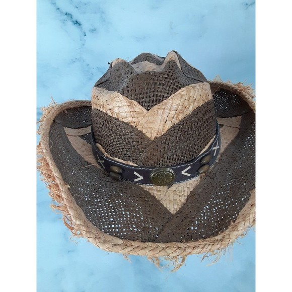MAVERICK Distressed Straw Western Cowboy Hat One Size 7"X 8" inside measurements - Picture 2 of 11